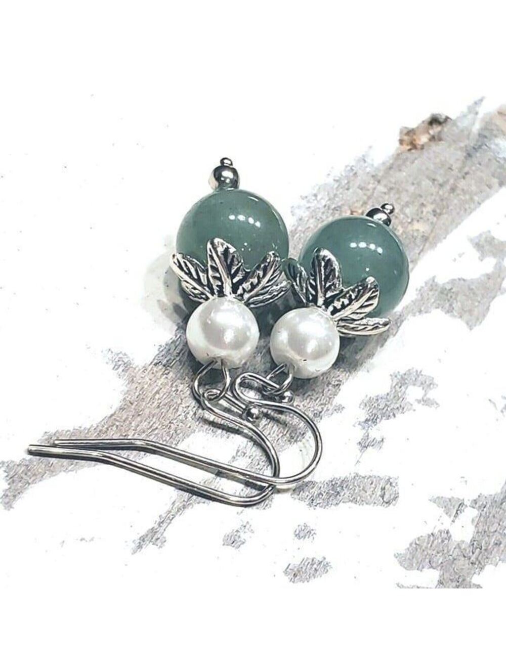 Malaysia Jade Gemstone White Faux Pearl Silver Dangle Earrings